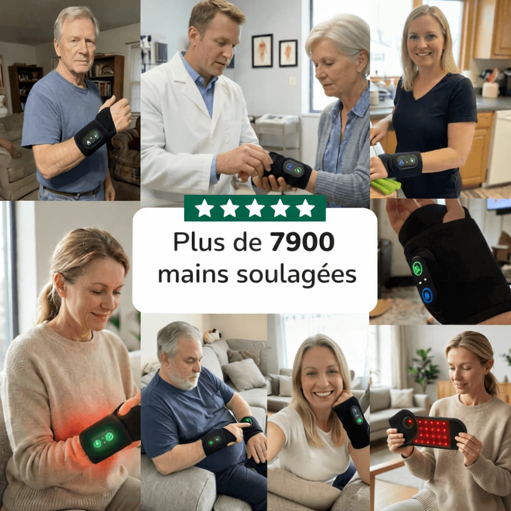 Avis clients attelle poignet Neo Flow avec technologie LED, utilisée par hommes et femmes pour soulager douleurs, engourdissements et fourmillements des mains, plus de 7900 utilisateurs satisfaits