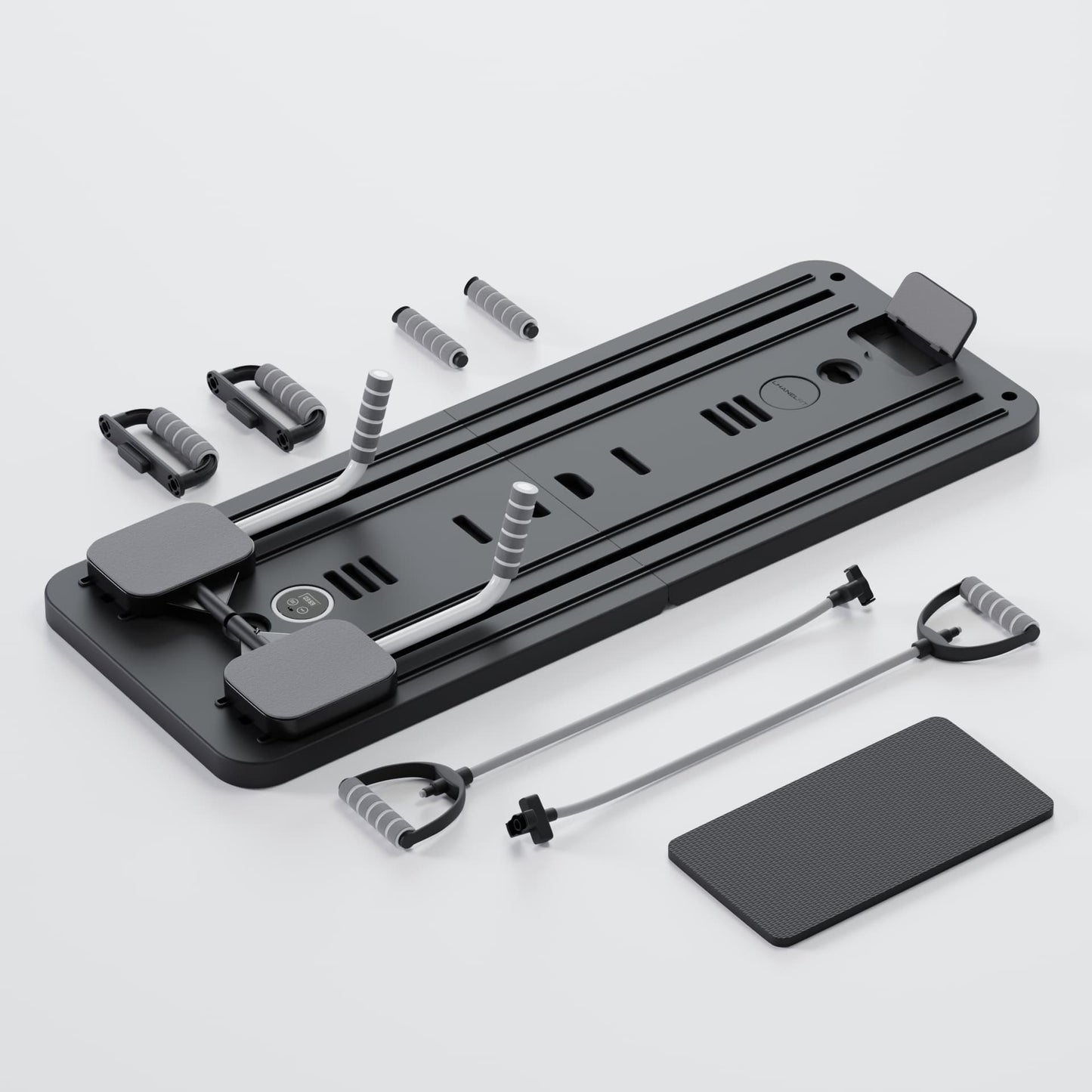 Planche de Pilates multifonction Neo Sweat coloris noir, présentée de face avec tous ses accessoires : poignées, bandes de résistance et tapis pour genoux.