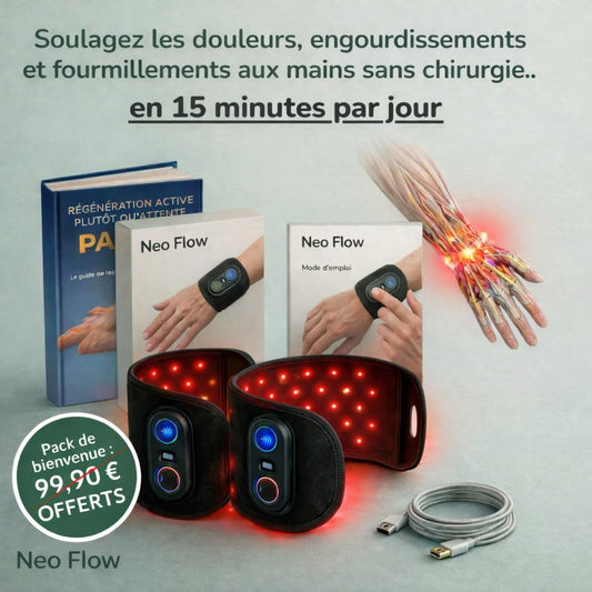 Attelle poignet Neo Flow avec lumières LED rouges pour soulager douleurs, engourdissements et fourmillements des mains en 15 minutes par jour, sans chirurgie, avec câble USB et guide inclus