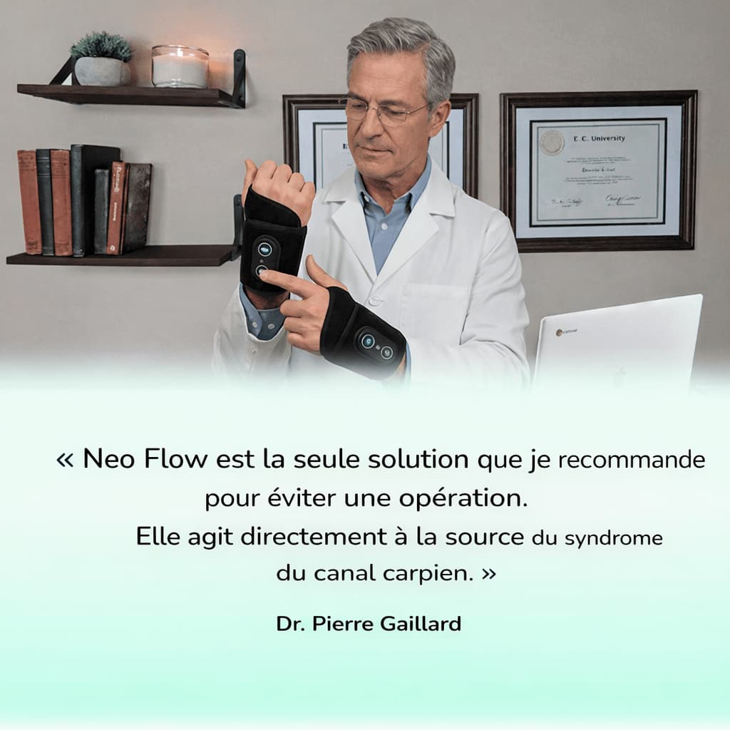Médecin portant une attelle poignet Neo Flow avec technologie LED, recommandée pour soulager le syndrome du canal carpien, douleurs, engourdissements et éviter une opération