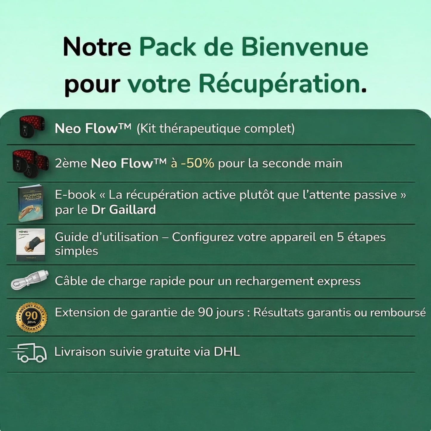 Pack Neo Flow complet comprenant attelle poignet canal carpien, deuxième attelle à -50%, e-book récupération, guide d’utilisation, câble USB, garantie 90 jours et livraison gratuite DHL