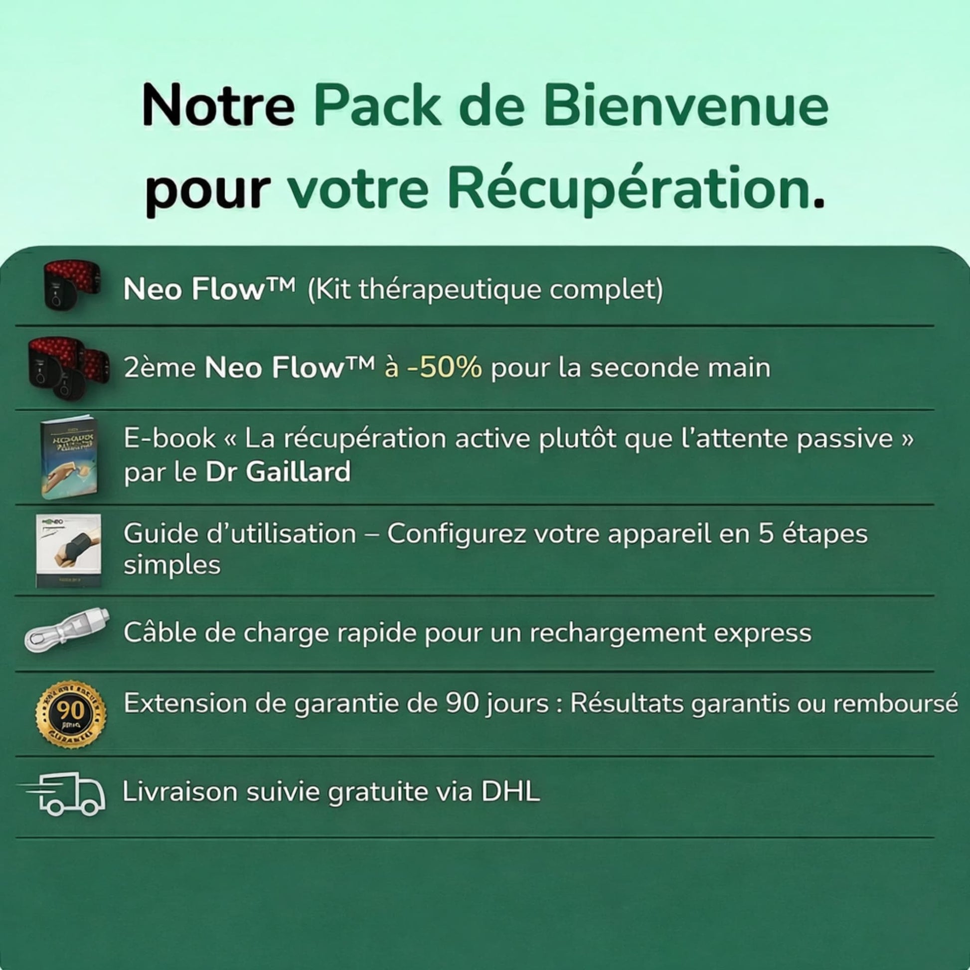 Pack Neo Flow complet comprenant attelle poignet canal carpien, deuxième attelle à -50%, e-book récupération, guide d’utilisation, câble USB, garantie 90 jours et livraison gratuite DHL