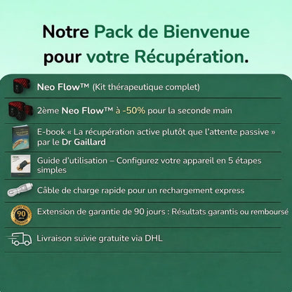 Pack Neo Flow complet comprenant attelle poignet canal carpien, deuxième attelle à -50%, e-book récupération, guide d’utilisation, câble USB, garantie 90 jours et livraison gratuite DHL