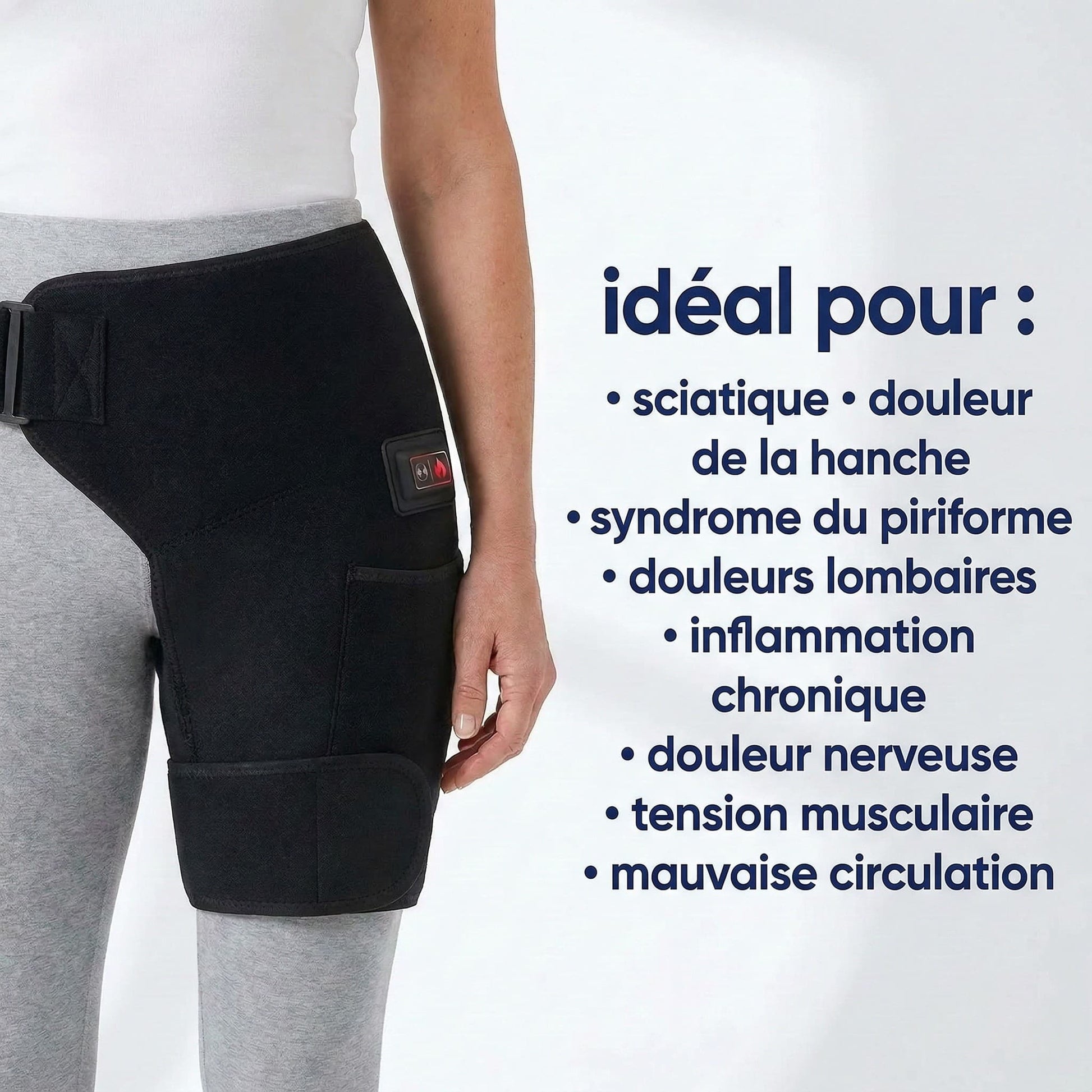 Liste des indications de l'attelle de hanche : idéal pour la sciatique, le syndrome du piriforme, les douleurs lombaires et la mauvaise circulation.