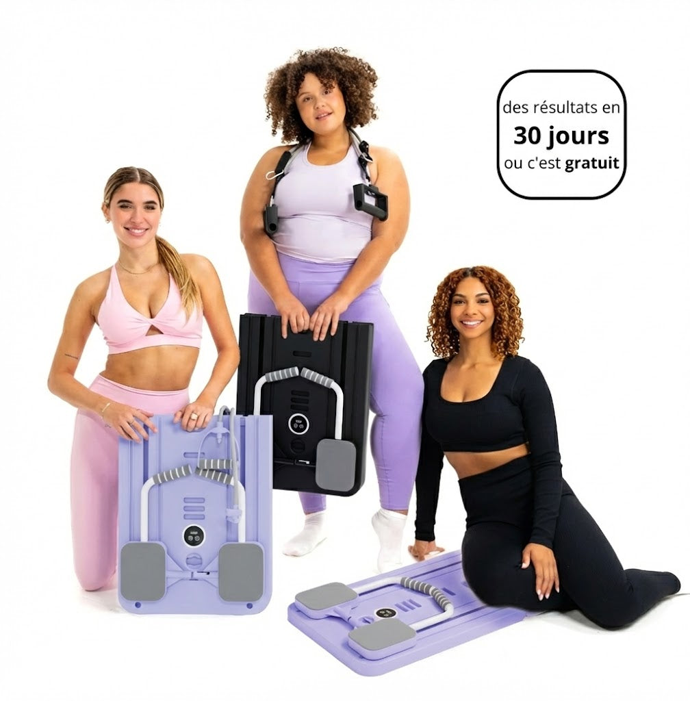 Trois femmes tenant fièrement les planches de fitness Neo Sweat pliées et dépliées, avec un encart mettant en avant la garantie de résultats en 30 jours.