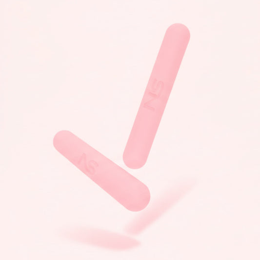 Deux haltères roses Neo Sculpt Bars en lévitation sur fond rose, montrant leur design cylindrique épuré pour le sport à la maison.