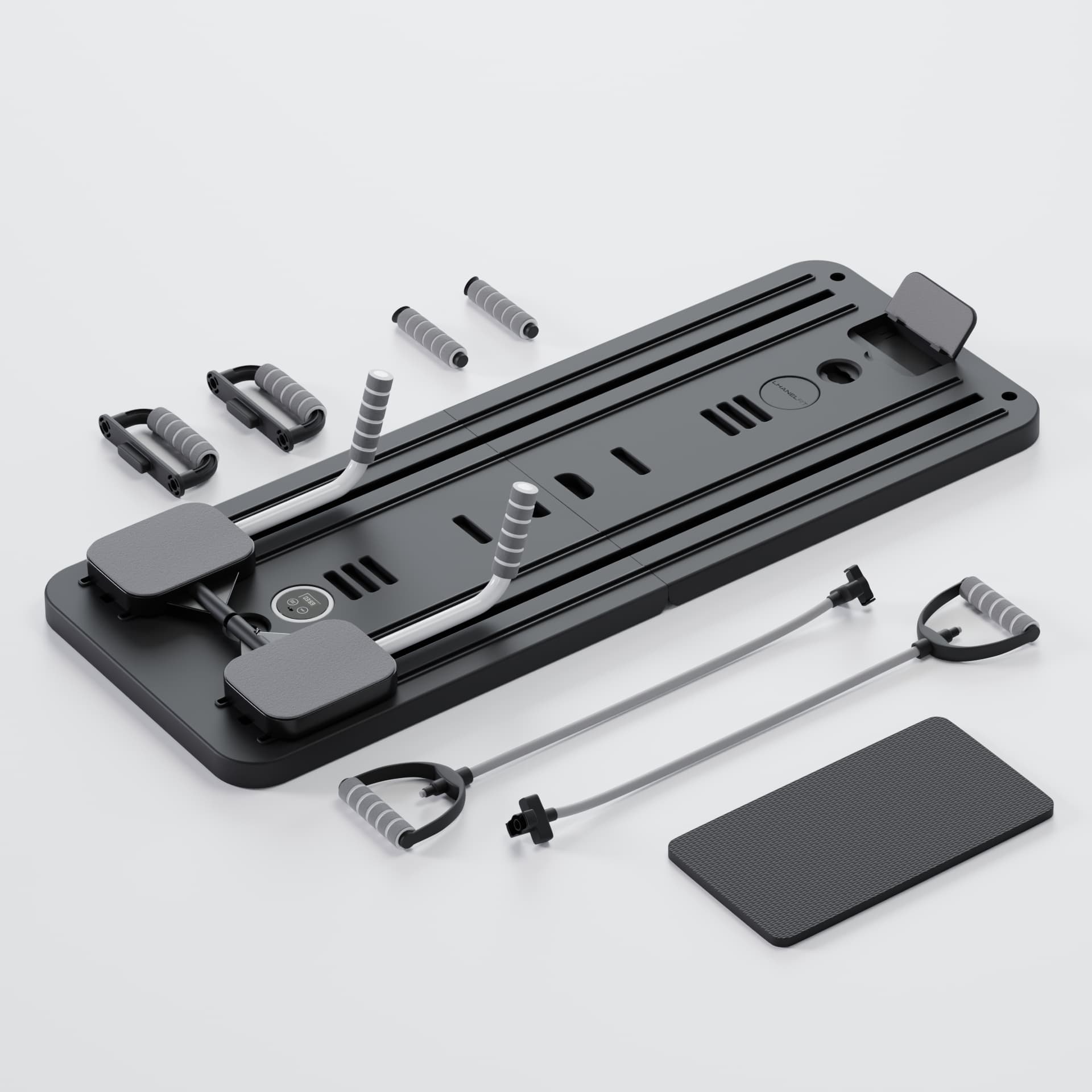 Planche de Pilates multifonction Neo Sweat coloris noir, présentée de face avec tous ses accessoires : poignées, bandes de résistance et tapis pour genoux.