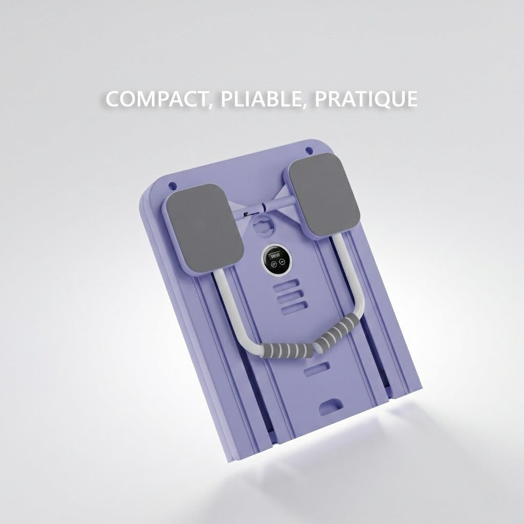 Planche de Pilates violette pliée de la marque Neo Sweat, démontrant son design compact et pratique pour le sport à la maison.