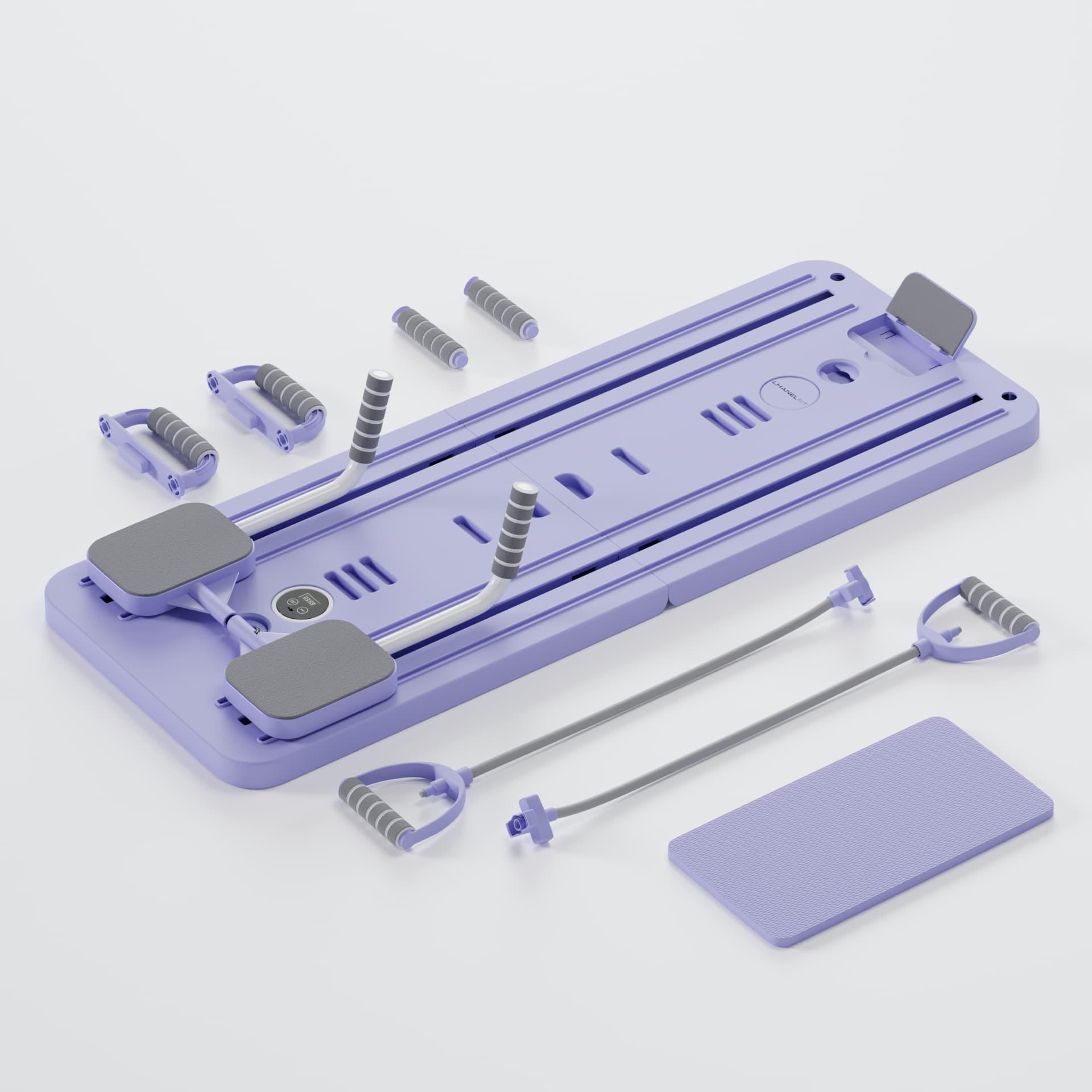 Planche de Pilates multifonction Neo Sweat coloris violet, exposée avec ses accessoires démontables, bandes élastiques et coussin de protection.