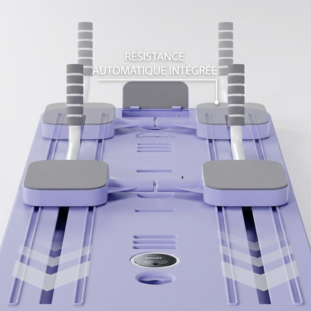 Détail du système de résistance automatique intégrée sur la planche de musculation violette Neo Sweat.