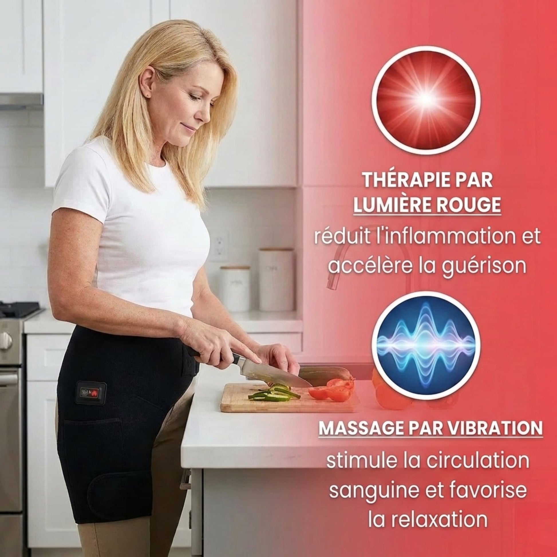 Femme cuisinant avec l'attelle de hanche Neo-Sweat, illustrant l'action de la lumière rouge contre l'inflammation et du massage par vibration.